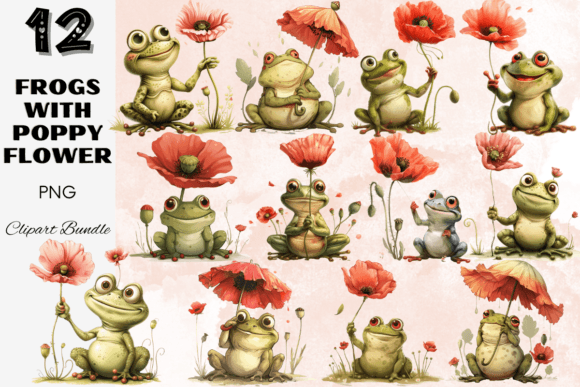 Download Frogs with Poppy Flower Clipart Bundle - Flower clipart Collection