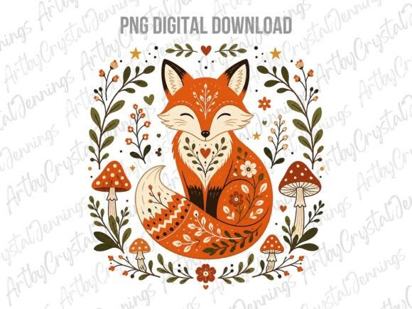 Download Folk Art Fox and Woodland Mushrooms PNG - Premium Resources