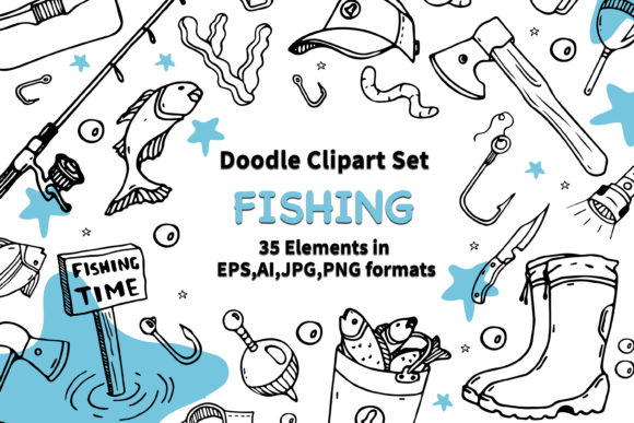 Download Doodle Clipart Set Fishing. Line Art - Doodle Collection