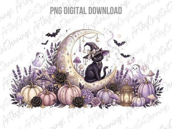 Download Purple Witch Cat Moon Halloween PNG - Purple Collection